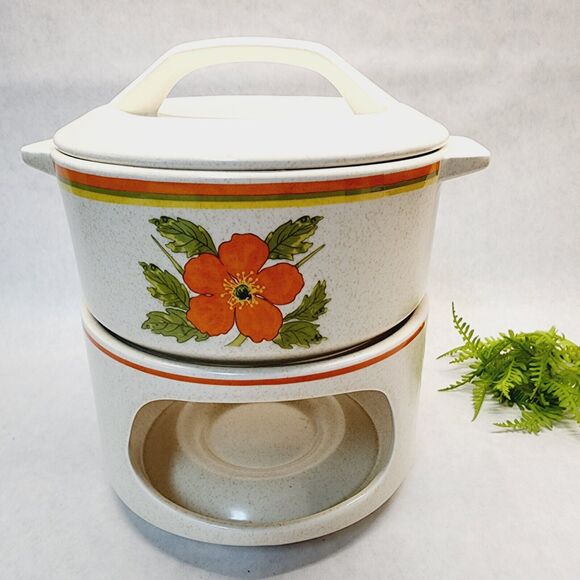 Vintage Orange Poppy Fire Flower Temper-Ware Lenox Casserole Lid Stand 1970s Mod - Picture 1 of 11